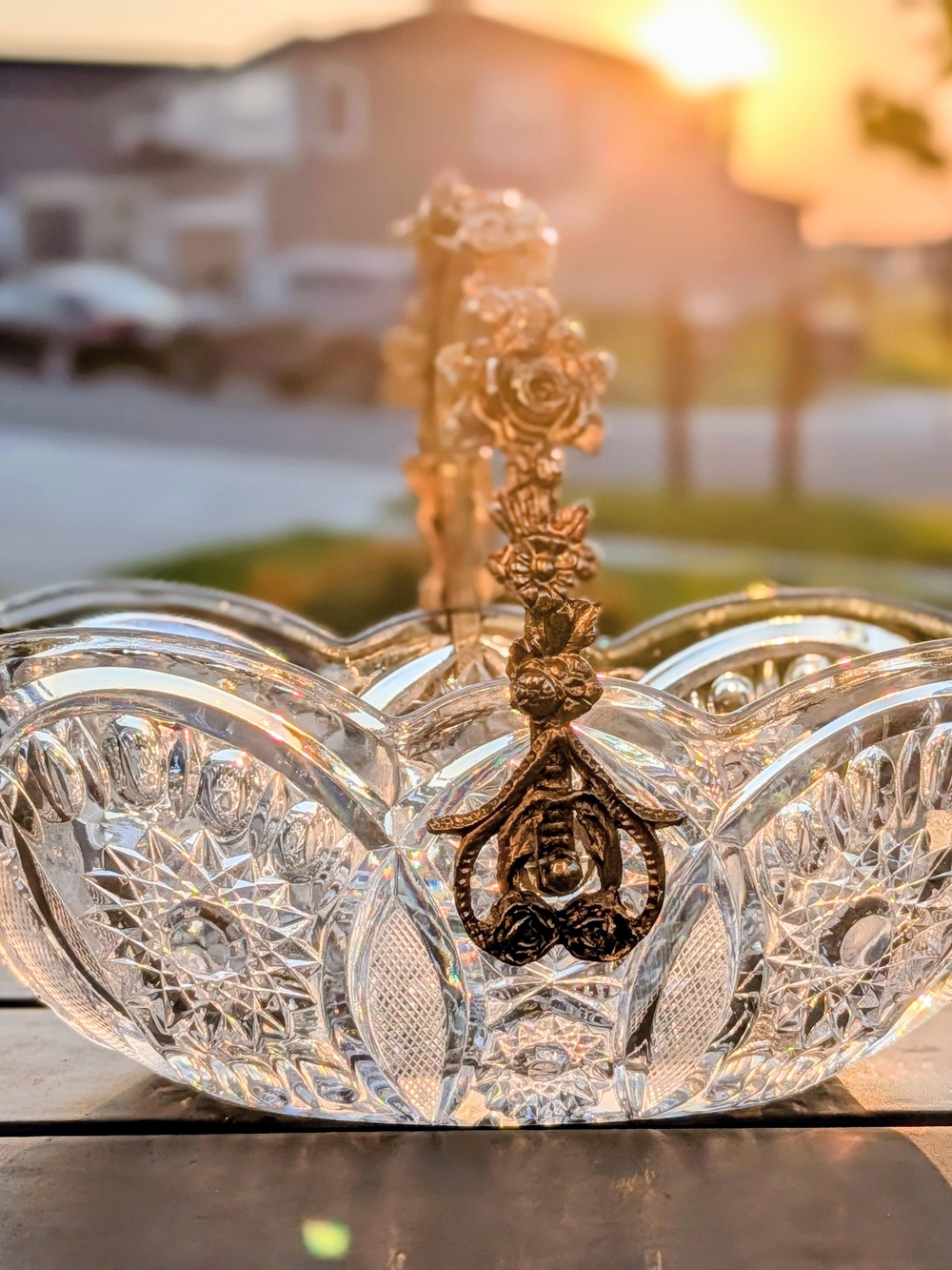 Cut Crystal Serving Dish with Floral Metal Handle